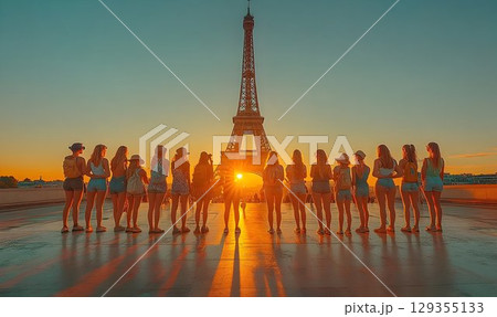 Golden Hour in Paris: Tourists Silhouetted Against the Eiffel To 129355133