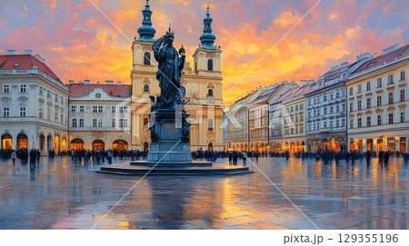 Sunset Glow on Prague Square, Statue and Wet Cobblestones 129355196