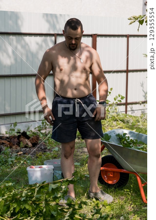 Muscular Man Gardening Shirtless in Backyard with Wheelbarrow, Tomatoes, and Wood Fence on Sunny Day, Natural Light, Outdoor Lifestyle. 129355554