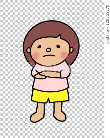 A girl in a pink shirt with her arms crossed and looking angry A girl in a pink shirt with her arms crossed and looking angry 129355870