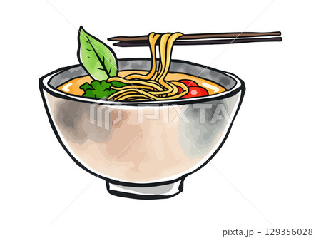 Watercolor vector illustration of a bowl of ramen. 129356028