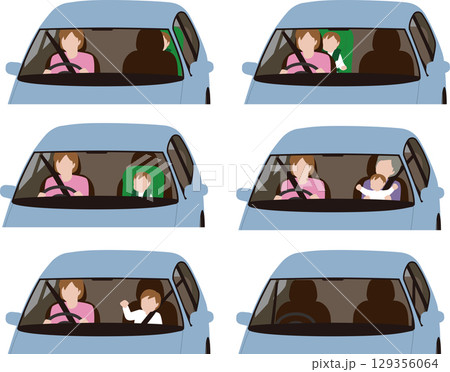 親が運転する子供を乗せた乗用車。チャイルドシート、カーシートなどのイラスト素材 129356064