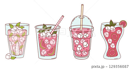Guava Pink drink smoothie with lots ice cubes set. Summer Fruit Exotic Cocktail with tropical Fruit slices, straw and Mint leaves. Isolated Vector Illustration for ads, marketing, menu, design 129356087