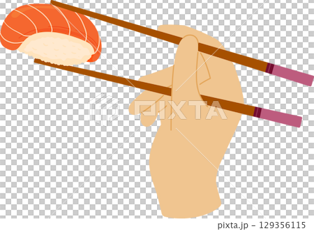 Cartoon hand holds chopsticks with salmon sushi. Japanese cuisine, traditional food isolated on white background Cartoon hand holds chopsticks with salmon sushi. Japanese cuisine, traditional food isolated on white background 129356115