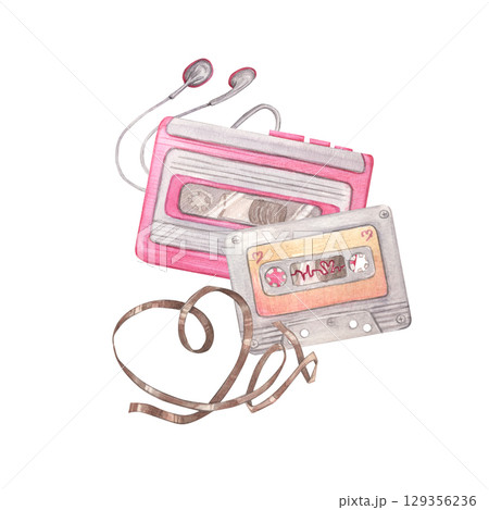 Vintage record player with cassette and wired headphones on a heart shaped ribbon background. Watercolor illustration on a romantic theme in retro style. 90s. Perfect for Valentines Day, themed music. 129356236