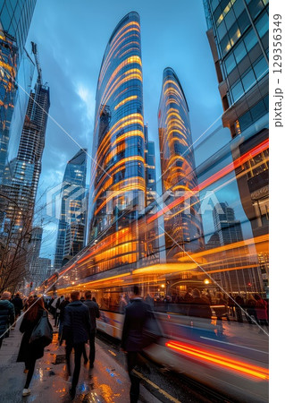 A blurred crowd of business people in the streets of the business district of the city against the backdrop of skyscrapers. Cityscape blur, success in motion. A blurred crowd of business people in the streets of the business district of the city against the backdrop of skyscrapers. Cityscape blur, success in motion. 129356349