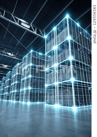 Modern digital system of an accounting and warehousing of containers in large storage areas. Advanced software tracks inventory and containers, enhancing warehouse organization. Modern digital system of an accounting and warehousing of containers in large storage areas. Advanced software tracks inventory and containers, enhancing warehouse organization. 129356565