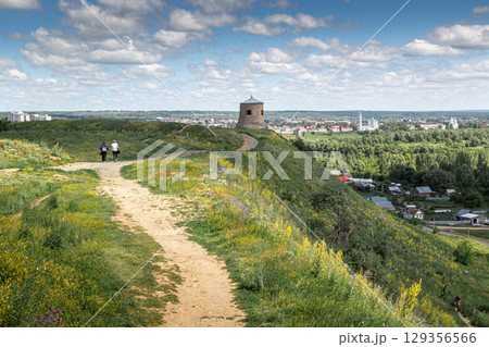The tower of an ancient Bulgarian fortress on a high cliff on the banks of the Kama River, Elabuga, Tatarstan, Russian Federation The tower of an ancient Bulgarian fortress on a high cliff on the banks of the Kama River, Elabuga, Tatarstan, Russian Federation 129356566