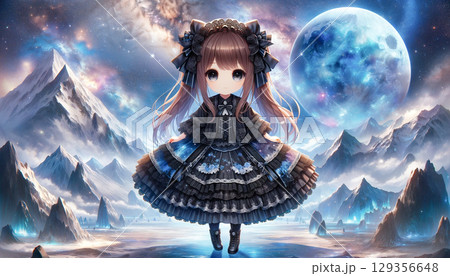 ゴシックロリータ風の黒いドレスを着たちびキャラ風の美少女 129356648