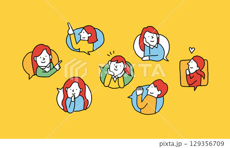 吹き出し　指差しなどのポーズする様々な世代の女性たちのイラストアイコン 129356709