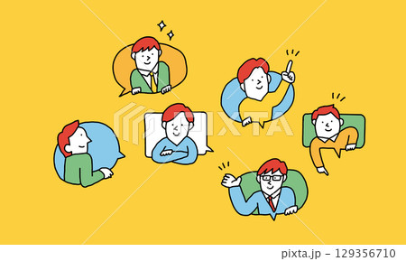 吹き出し　指差しなどのポーズする様々な世代の男性たちのイラストアイコン 129356710
