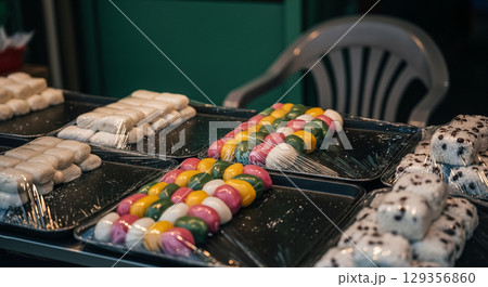 Colorful Korean Rice Cakes at Market Stall Colorful Korean Rice Cakes at Market Stall 129356860
