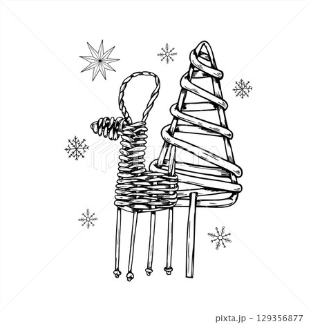 Wicker Christmas tree, reindeer figurine and falling snowflakes black and white vector illustration. Scandinavian Yule traditions. Wooden Xmas composition for holiday cards, winter packaging. 129356877
