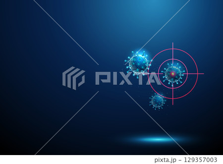 Abstract blue viruses in digital targeting scope. Targeted antiviral therapy, precision medicine, pathogen elimination, vaccine development, outbreak control concept 129357003