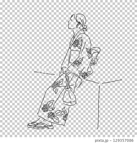 Line drawing illustration of a woman sitting in a yukata (side view) 129357086
