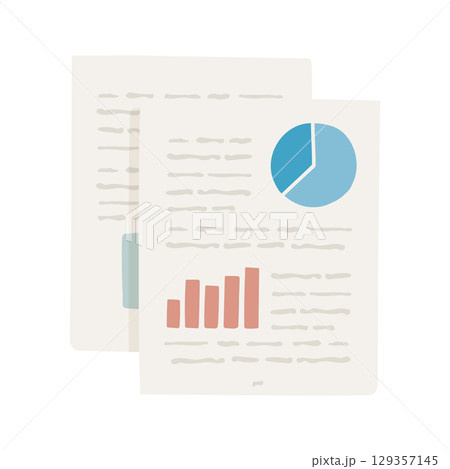 円グラフと棒グラフが載ったビジネス書類のイラスト 129357145