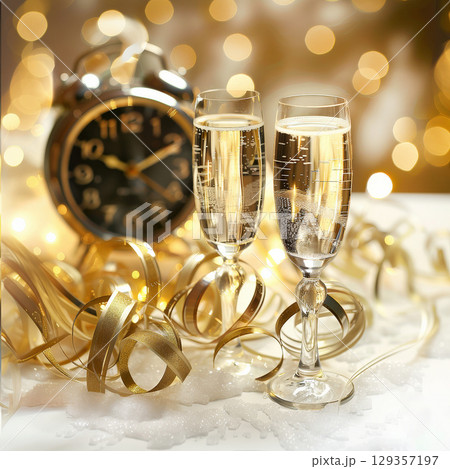 Merry Christmas. Champagne glasses and clock with festive golden background 129357197