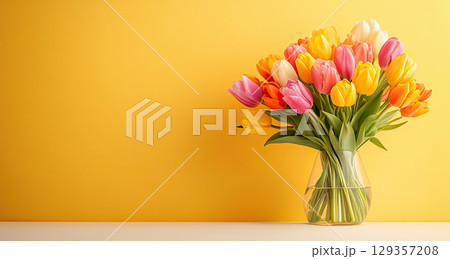 Colorful tulips in glass vase on yellow background with minimal style, frame, place for text 129357208