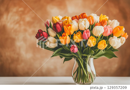 Colorful tulips in glass vase on yellow background with minimal style, frame, place for text Colorful tulips in glass vase on yellow background with minimal style, frame, place for text 129357209