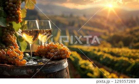 Panorama wine with grapes barrel sunny vineyard background. Seasonal grape background, harvest 129357269