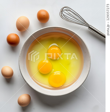Bowl with raw eggs and flour on white background with eggshells and herbs 129357273