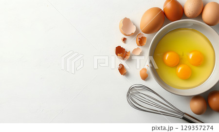 Bowl with raw eggs and flour on white background with eggshells and herbs Bowl with raw eggs and flour on white background with eggshells and herbs 129357274
