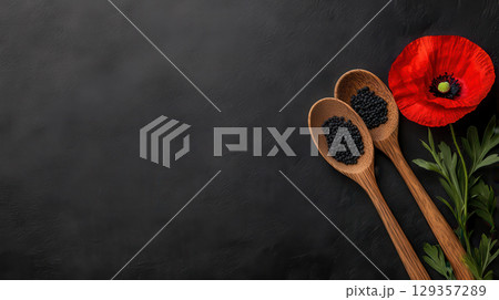 Wooden spoons with poppy seeds and red poppy flower on a grey background Wooden spoons with poppy seeds and red poppy flower on a grey background 129357289