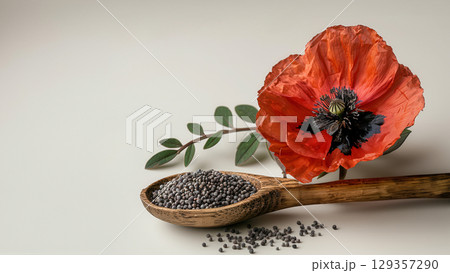 Wooden spoons with poppy seeds and red poppy flower on a grey background place for text 129357290