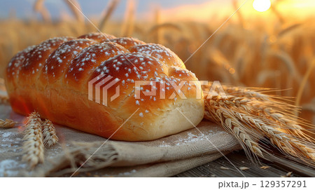 Bread placed rustic wooden table ears wheat, field background. Seasonal panorama background harvest 129357291