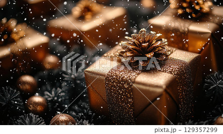 Holiday Merry Christmas, Happy New Year, craft gift box. Flat lay, copy space, monochrome style 129357299