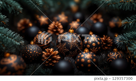 Merry Christmas, Happy New Year. Christmas balls, golden snowflakes. Flat lay, copy space, dark gold 129357300
