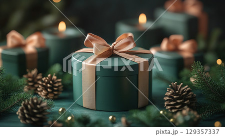 Merry Christmas, New Year. Luxury green round gift boxes, Christmas tree branches, banner, pine cone Merry Christmas, New Year. Luxury green round gift boxes, Christmas tree branches, banner, pine cone 129357337