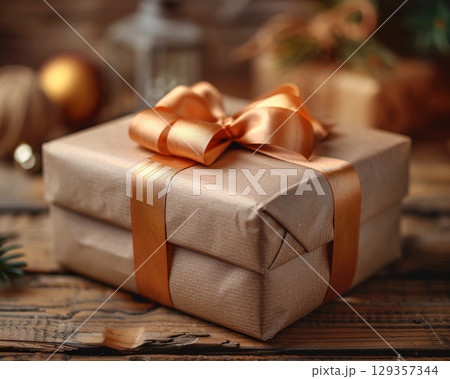 Craft cardboard gift boxes natural ribbon bow celebration copy space, pine cone, Christmas, New Year 129357344