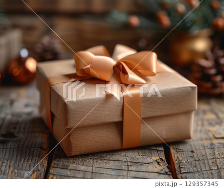 Craft cardboard gift boxes natural ribbon bow celebration copy space, pine cone, Christmas, New Year 129357345