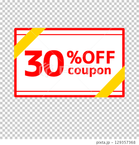 30% OFF 透明優惠券插圖，帶有紅色和黃色絲帶 129357368