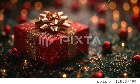 Merry Christmas, Happy New Year, craft red gift box, green background. Flat lay, copy space, banner Merry Christmas, Happy New Year, craft red gift box, green background. Flat lay, copy space, banner 129357404