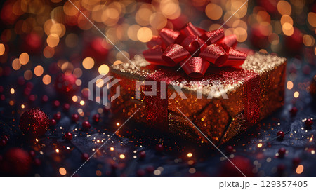 Merry Christmas, Happy New Year, craft red gift box, green background. Flat lay, copy space, banner Merry Christmas, Happy New Year, craft red gift box, green background. Flat lay, copy space, banner 129357405