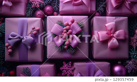Closeup craft yellow gift box purple holiday background, copy space, banner Merry Christmas New Year 129357459