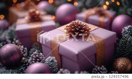 Closeup craft yellow gift box purple holiday background, copy space, banner Merry Christmas New Year 129357496