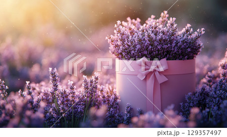Closeup craft yellow gift box purple holiday background, copy space, banner Merry Christmas New Year 129357497