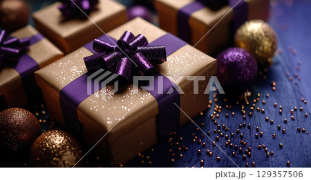 Closeup craft yellow gift box purple holiday background, copy space, banner Merry Christmas New Year 129357506