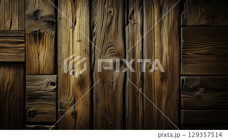 Orizontal dark brown wood planks. Rich grain texture visible 129357514