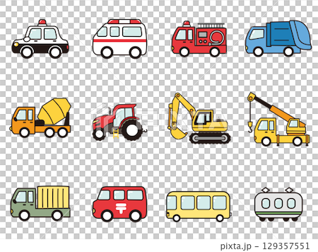 Cute icon set of working vehicles 129357551