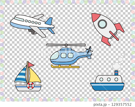 一組可愛的空中和水上飛行器插圖 129357552