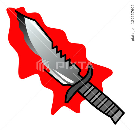 殺人現場で凶器に使われた血まみれなサバイバルナイフの怖いイラスト 129357606