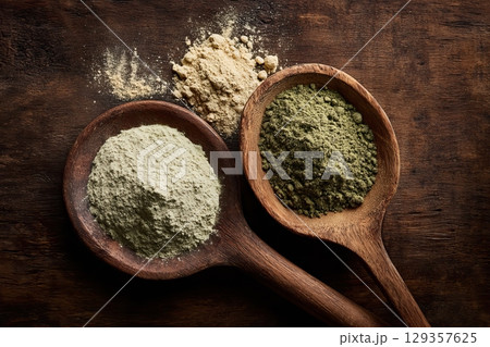 Plant based protein food (legumes, lentils, beans, seeds) and Healthy dry Pea Protein Powder, generated AI 129357625