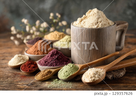 Plant based protein food (legumes, lentils, beans, seeds) and Healthy dry Pea Protein Powder, generated AI 129357626