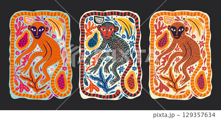 Whimsical Monkey Exotic Vintage Tropical Jungle Poster Set Wild Boho Wall Art Collection 129357634