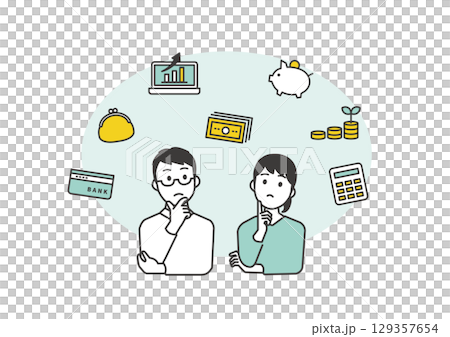 Illustration of men and women thinking about household finances and money management Illustration of men and women thinking about household finances and money management 129357654