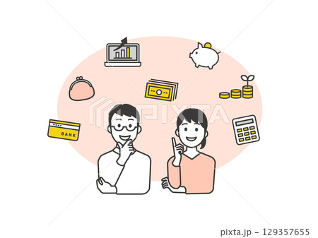家計管理や貯蓄に前向きに取り組む夫婦のイラスト 129357655